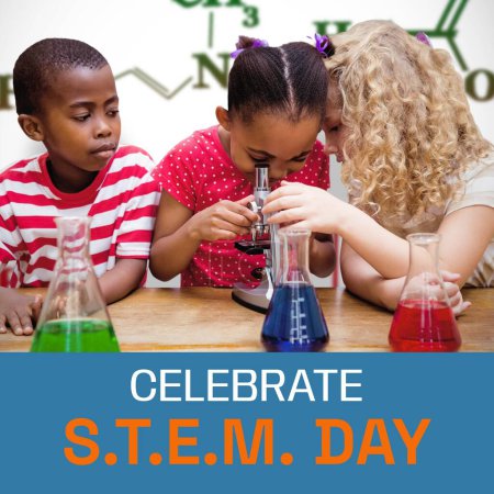 Photo for Composite of celebrate stem day text and diverse boy looking at girls using microscope in school. Science, technology, engineering, mathematics, together, education, experiment, childhood, flask. - Royalty Free Image