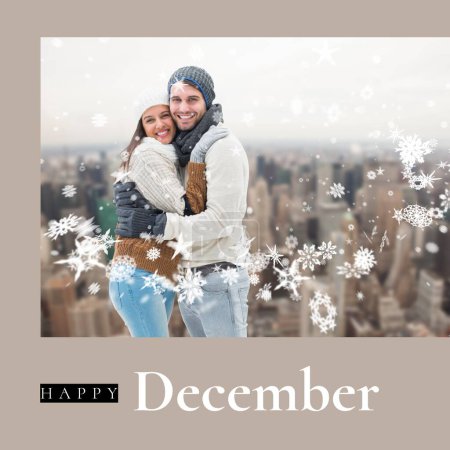 Téléchargez les photos : Composite de texte heureux de décembre sur le couple caucasien en chapeaux d'hiver. Décembre, Noël, tradition, célébration et concept d'hiver image générée numériquement. - en image libre de droit