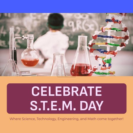 Photo for Composite of celebrate stem day text over laboratory flasks and dna helix and biracial schoolboy. Where science, technology, engineering and math come together, education, childhood, leadning. - Royalty Free Image