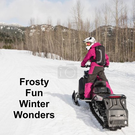 Photo for Composite of frosty fun winter wonders text over man in snow scooter in winter scenery. Winter, christmas, seasons and celebration concept digitally generated image. - Royalty Free Image