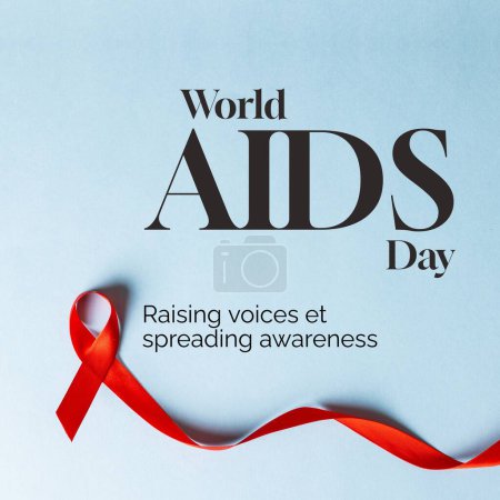 Foto de Compuesto de día de sida mundial y cinta roja sobre fondo azul. Día Mundial del SIDA, conciencia y concepto de salud imagen generada digitalmente. - Imagen libre de derechos