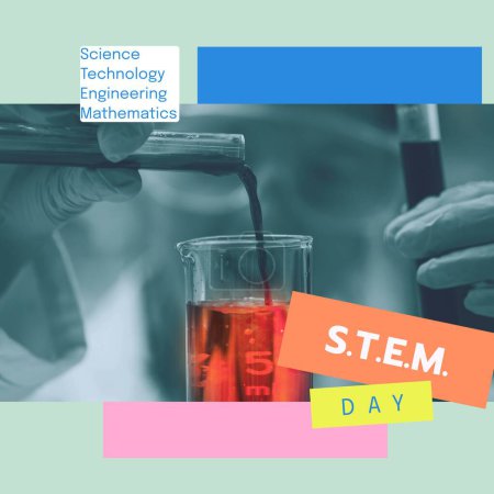 Photo for Composite of stem day text, hands of caucasian scientist mixing chemical in test tube at laboratory. Science, technology, engineering, mathematics, education, experiment, research, celebrate. - Royalty Free Image