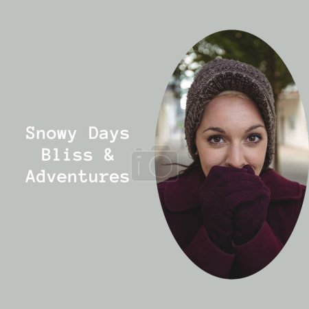Photo for Snowy days, bliss and adventures text and caucasian woman in warm clothes blowing hands at christmas. Celebration of winter, seasonal greeting and christmas traditions, digitally generated image. - Royalty Free Image