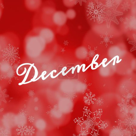 Téléchargez les photos : Texte de décembre en blanc avec flocons de neige blancs de Noël et lumières bokeh sur fond rouge. Célébration de l'hiver, salutation saisonnière et traditions de Noël, image générée numériquement. - en image libre de droit