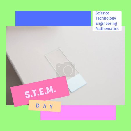 Photo for Composite of stem day text over microscope slide on white table, copy space. Science, technology, engineering, mathematics, education, experiment, laboratory and celebrate concept. - Royalty Free Image