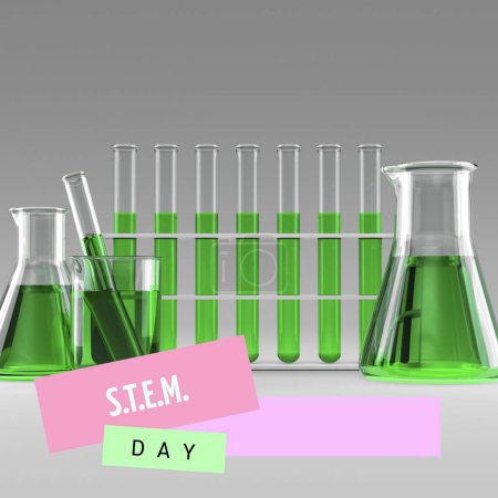 Photo for Composite of stem day text over green chemical in test tubes and flasks on white background. Science, technology, engineering, mathematics, education, experiment, laboratory, liquid and celebrate. - Royalty Free Image
