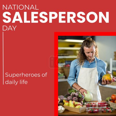 Photo for Composite of national salesperson day text, caucasian male vendor selling vegetables in supermarket. Superheroes of daily life, profession, appreciation, poster, greeting and celebration concept. - Royalty Free Image