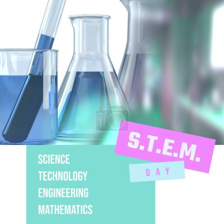 Photo for Composite of stem day text over chemical in test tubes and flasks on white background. Science, technology, engineering, mathematics, education, experiment, laboratory, liquid and celebrate. - Royalty Free Image