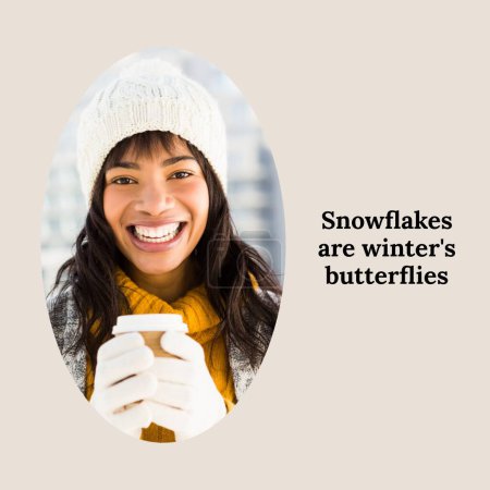 Photo for Composite of snowflakes are winter's butterflies text over african american woman in winter hat. Winter, christmas, seasons and celebration concept digitally generated image. - Royalty Free Image