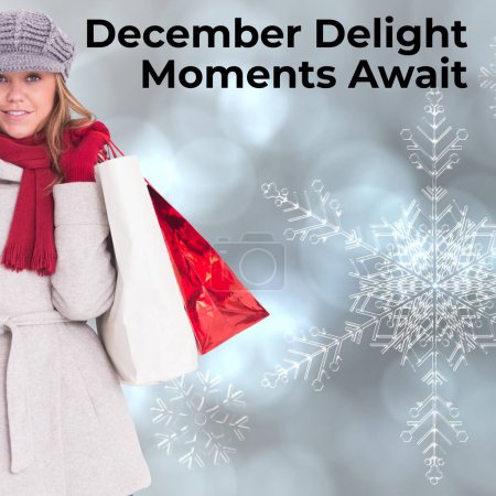 Photo for Composite of december delight moments await text over caucsaian woman with bags in winter landscape. Winter, christmas, december, seasons and celebration concept digitally generated image. - Royalty Free Image