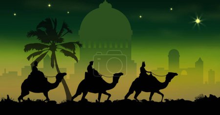 Téléchargez les photos : Image de silhouette de trois sages sur fond vert. Noël, religion, tradition et concept de célébration image générée numériquement. - en image libre de droit