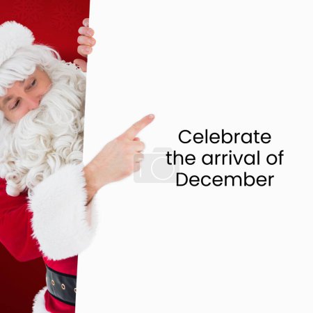 Téléchargez les photos : Célébrez l'arrivée du texte de décembre sur blanc avec le père pointeur Noël. Célébration de l'hiver, salutation saisonnière et traditions de Noël, image générée numériquement. - en image libre de droit