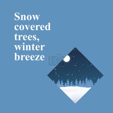 Photo for Snow covered tress, winter breeze text on blue with christmas trees in winter landscape at night. Celebration of winter, seasonal greeting and christmas traditions, digitally generated image. - Royalty Free Image