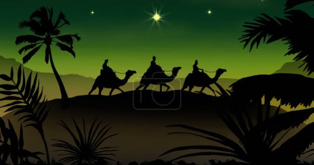 Foto de Tres hombres sabios en camellos sobre fondo verde. Natividad, navidad, tradición y concepto de celebración imagen generada digitalmente. - Imagen libre de derechos
