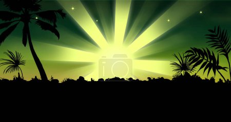 Photo for Composition of silhouette of tropical palm trees and shooting star on green background. Christmas, tradition and celebration concept digitally generated image. - Royalty Free Image
