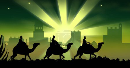 Foto de Composición de tres sabios en camellos sobre la ciudad sobre fondo verde. Navidad, tradición y concepto de celebración imagen generada digitalmente. - Imagen libre de derechos