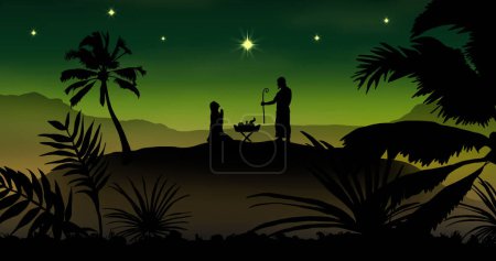 Photo for Nativity scene and palm trees on green background. Nativity, christmas, tradition and celebration concept digitally generated image. - Royalty Free Image