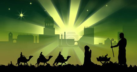 Foto de Tres sabios sobre camellos y belén sobre fondo verde. Natividad, navidad, tradición y concepto de celebración imagen generada digitalmente. - Imagen libre de derechos