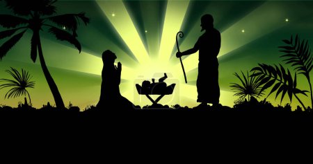 Photo for Nativity scene and shooting star on green background. Nativity, christmas, tradition and celebration concept digitally generated image. - Royalty Free Image