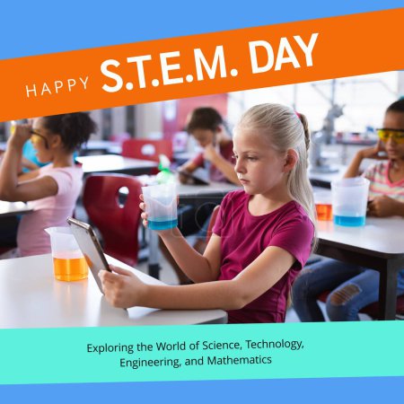 Photo for Composite of happy stem day and caucasian girl holding chemical in flask and using tablet in school. Exploring the world of science, technology, engineering and mathematics, education, technology. - Royalty Free Image