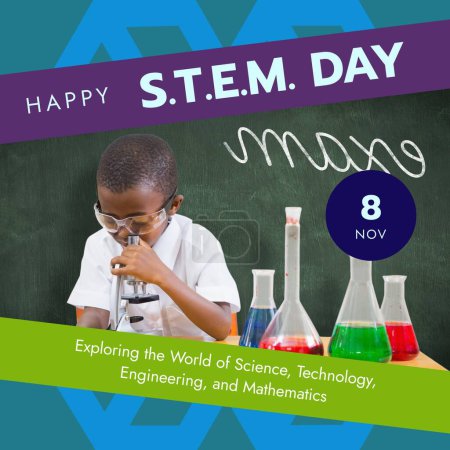 Photo for Composite of happy stem day, 8 nov, african american schoolboy using microscope in laboratory. Exploring the world of science, technology, engineering and mathematics, education, celebrate, research. - Royalty Free Image