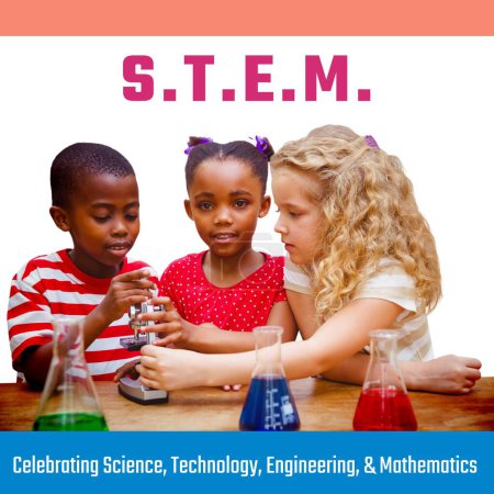 Photo for Composite of stem text with multiracial children sitting with microscope and flasks with liquids. Celebrating science, technology, engineering and mathematics, education, childhood, school. - Royalty Free Image