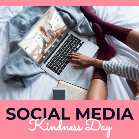 Photo for Crop leg of asian woman video calling with senior woman over laptop and social media kindness day. Family, together, bed, online community, support, promote, global communication and technology. - Royalty Free Image