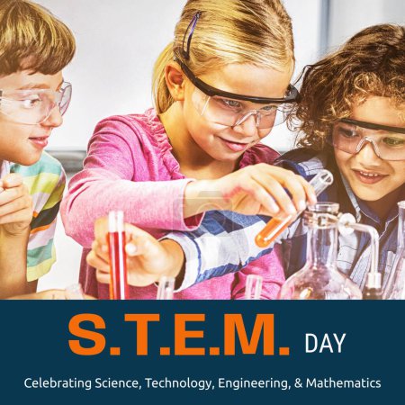 Photo for Composite of stem day text with caucasian students doing scientific experiment in school. Childhood, learning, chemical, celebrating science, technology, engineering, mathematics, education concept. - Royalty Free Image