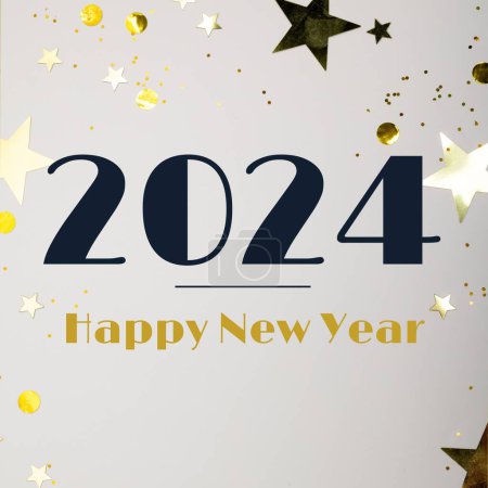 Téléchargez les photos : Illustration de 2024 et heureux nouveau texte de l'année sur confettis sur fond blanc, espace de copie. Salutation, tradition, concept de vacances et de célébration. - en image libre de droit