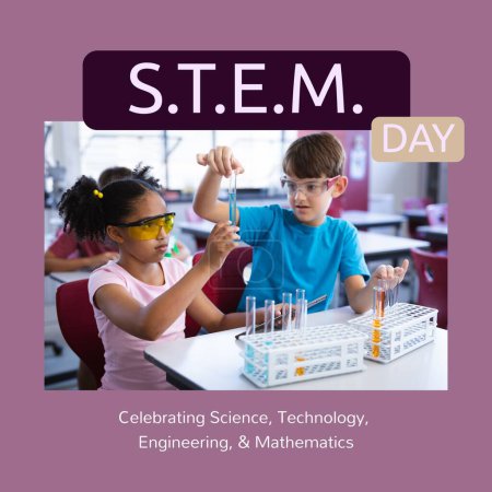 Photo for Composite of stem day text and diverse students doing scientific experiment in school. Celebrating science, technology, engineering and mathematics, education, childhood, together concept. - Royalty Free Image