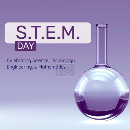 Photo for Illustration of laboratory flask with stem day text on purple background, copy space. Celebrating science, technology, engineering, mathematics, vector, experiment, education concept. - Royalty Free Image