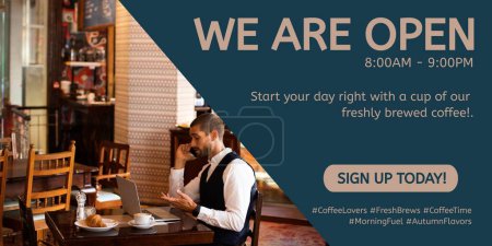 Photo for We are open, 8am to 9pm, sign up today text over caucasian man talking on phone in restaurant. Composite, laptop, food, marketing, business, advertise, template, design, creative concept. - Royalty Free Image