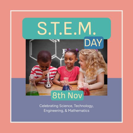 Photo for Composite of stem day, 8th nov text with multiracial schoolgirls looking at boy using microscope. Celebrating science, technology, engineering, mathematics, education, childhood, school, together. - Royalty Free Image