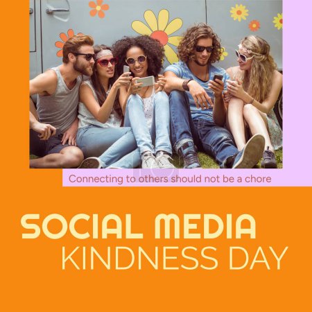 Photo for Composite of social media kindness day text and diverse friends in sunglasses using smartphones. Hipster, youth, together, technology, connecting to others should not be a chore, support, promote. - Royalty Free Image