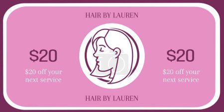 Photo for Illustration of woman and hair by lauren, 20 dollar off your next service text on pink background. Vector, marketing, business, card, advertise, template, design, creative concept. - Royalty Free Image