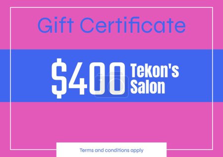 Photo for Illustration of gift certificate, 400 dollar tekon's salon text on pink and blue background. Copy space, vector, marketing, business, card, discount, voucher, template, design, creative concept. - Royalty Free Image