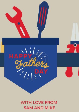 Photo for Happy father's day, with love from sam and mike text with tools in pocket and belt, on grey. Father's day celebration and greetings design, digitally generated image. - Royalty Free Image