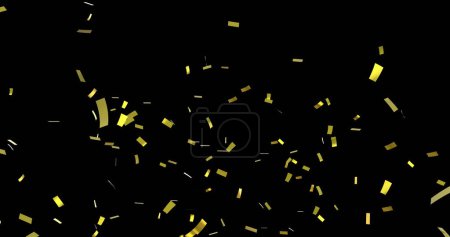 Photo for Pieces of shining gold confetti falling on black background, copy space. Celebration, new years eve, party and event, background, unaltered. - Royalty Free Image