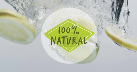 Photo for Composite of 100 percent natural text over fresh fruit in water with copy space. Organic food, fresh fruit and vegetables and vegan concept digitally generated image. - Royalty Free Image