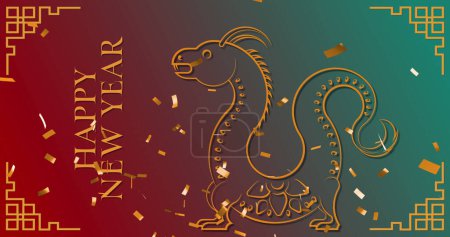 Foto de Imagen de texto feliz año nuevo, dragones símbolos y patrón chino sobre fondo rojo a verde. Año nuevo chino, tradición y concepto de celebración de imagen generada digitalmente. - Imagen libre de derechos