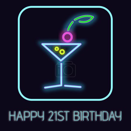 Téléchargez les photos : Composite de texte joyeux 21e anniversaire sur un cocktail au néon sur fond noir. 21 anniversaire, anniversaire, fête d'anniversaire et concept de célébration image générée numériquement. - en image libre de droit