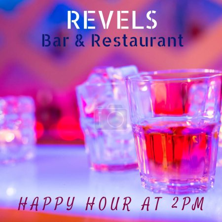 Photo for Composition of happy hour at 2pm text over cocktails in bar. Party, celebration and happy hour concept digitally generated image. - Royalty Free Image