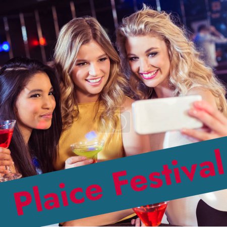 Photo for Composition of plaice festival over diverse female friends taking selfie with smartphone. Party, celebration, communication and festival concept digitally generated image. - Royalty Free Image