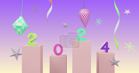 Téléchargez les photos : Image du nombre 2024 sur le nouvel an et les décorations de Noël sur fond violet. Nouvelle année, célébration et concept de fête image générée numériquement. - en image libre de droit