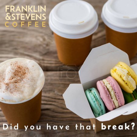 Photo for Composition of franklin and stevens coffee text over takeaway coffee and macaroons. Food, drink, coffee and communication concept digitally generated image. - Royalty Free Image