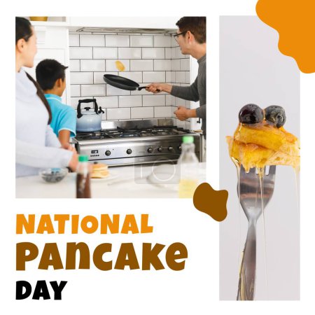 Photo for National pancake day text with asian father tossing pancake. American pancake day tradition and food celebration campaign digitally generated image. - Royalty Free Image