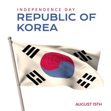 Foto de Día de la Independencia República de Corea texto y fecha en rojo y azul sobre blanco con bandera de Corea. Celebración del aniversario nacional de la independencia de Corea. - Imagen libre de derechos