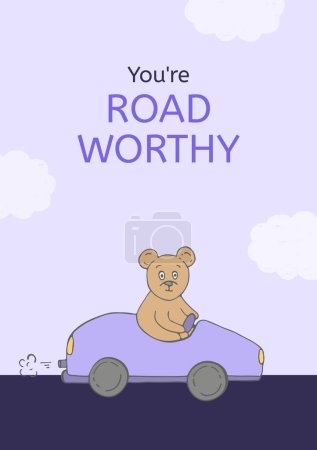 Foto de Eres un texto digno del camino en el cielo lila con un oso de peluche conduciendo un coche púrpura. Coche, conducción, pasar la prueba de conducción, celebración y felicitaciones, diseño de tarjetas, imagen generada digitalmente. - Imagen libre de derechos