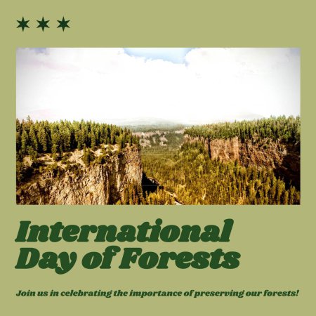 Téléchargez les photos : Composite de la journée internationale des forêts texte et des arbres poussant sur le paysage sous un ciel nuageux. Joignez-vous à nous pour célébrer l'importance de préserver nos forêts, la nature, la sensibilisation et la protection. - en image libre de droit