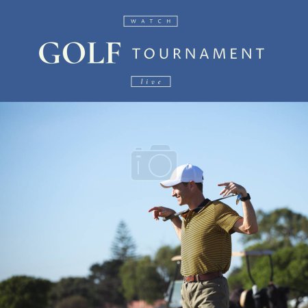Téléchargez les photos : Composition du texte du championnat de golf sur l'homme caucasien jouant au golf. Championnat de golf, compétition et concept sportif image générée numériquement. - en image libre de droit
